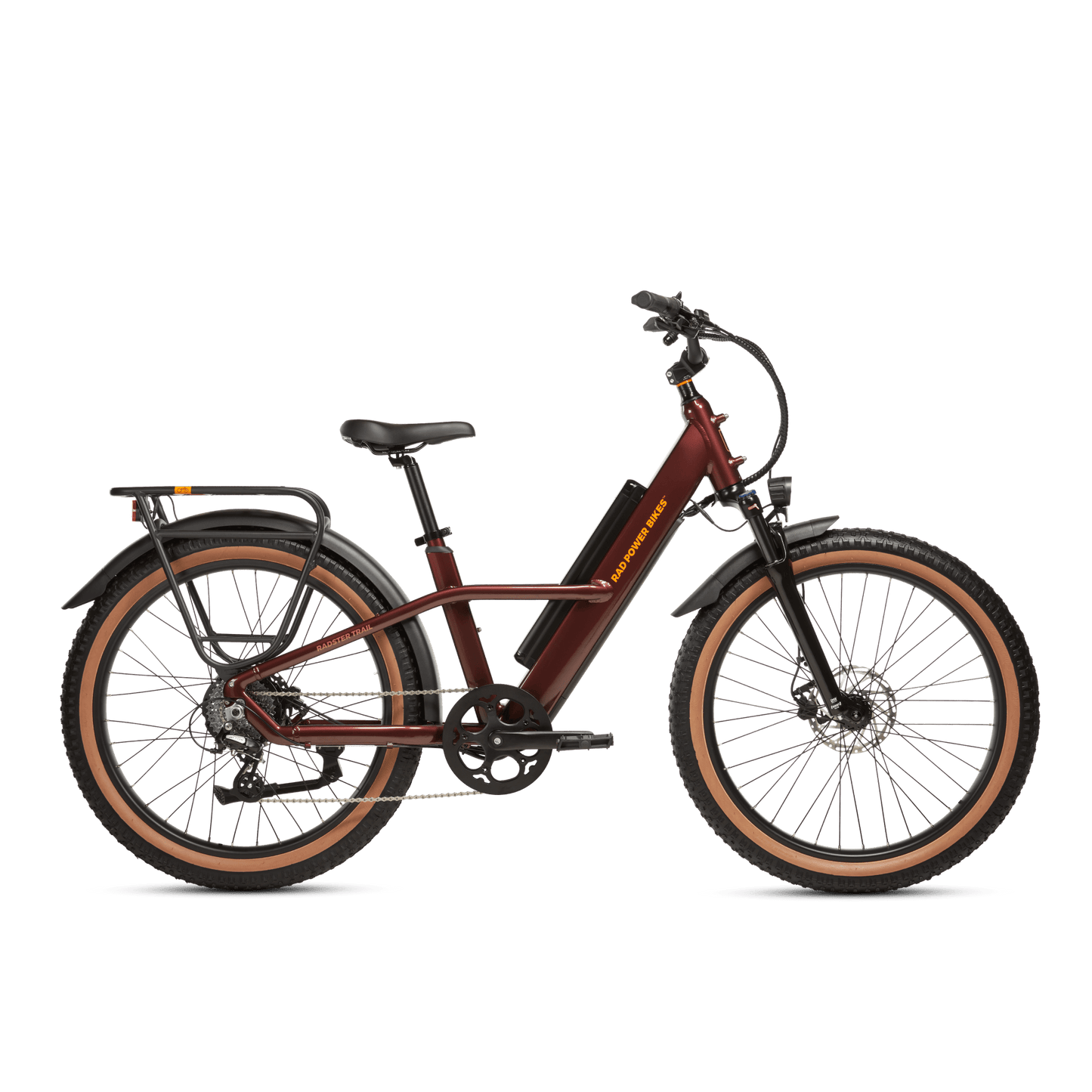 Right side view of a Radster Trail electric commuter bike, size large in copper red