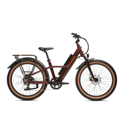 Right side view of a Radster Trail electric commuter bike, size large in copper red