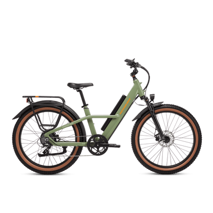 Right side view of a Radster Trail electric commuter bike, size large in fir green