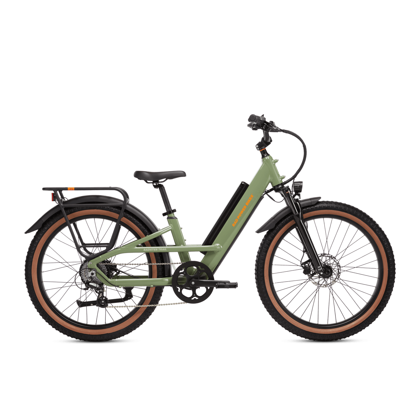 Right side view of a Radster Trail electric commuter bike, size regular in fir green