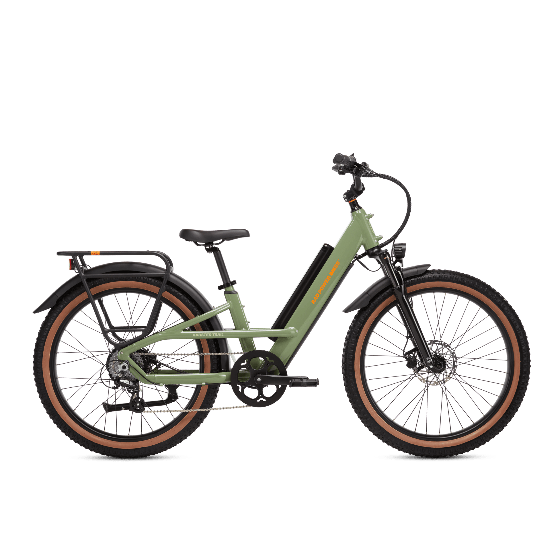 Right side view of a Radster Trail electric commuter bike, size regular in fir green